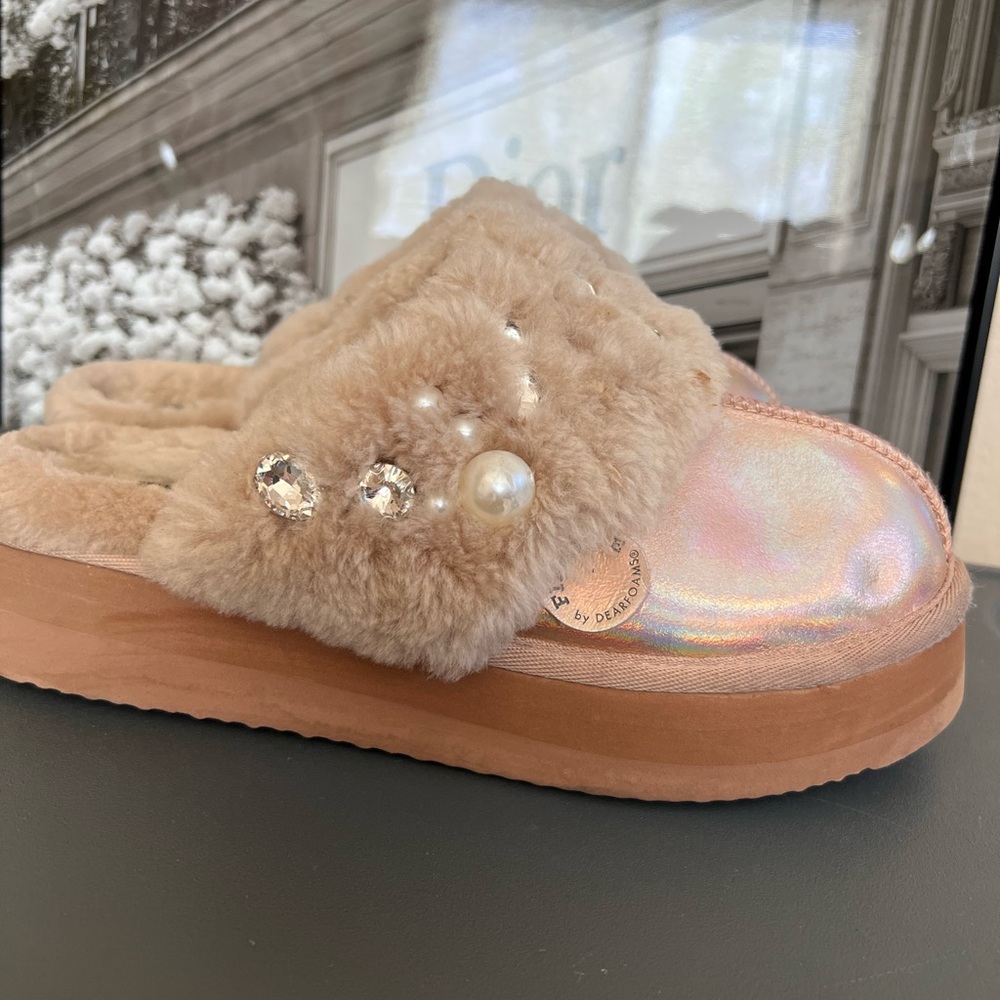 Fireside Ballina Genuine Sterling Platform Pearl Embellished Slippers - Picture 3 of 11
